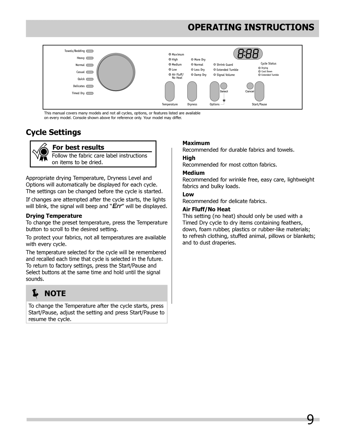 Frigidaire 137181900A important safety instructions Cycle Settings 