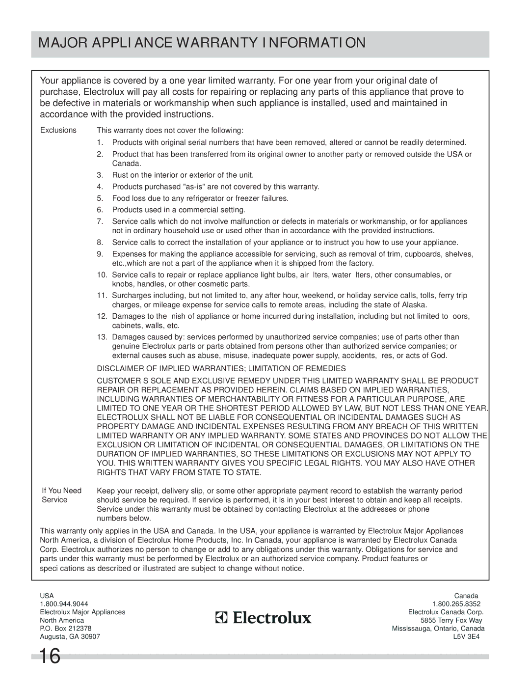 Frigidaire 137186200B important safety instructions Major Appliance Warranty Information, Exclusions 