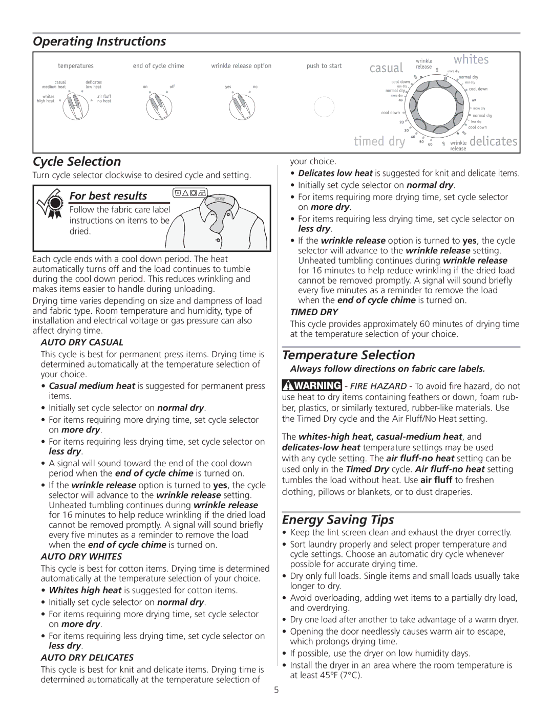 Frigidaire 137196700A manual Operating Instructions Cycle Selection, Temperature Selection, Energy Saving Tips 