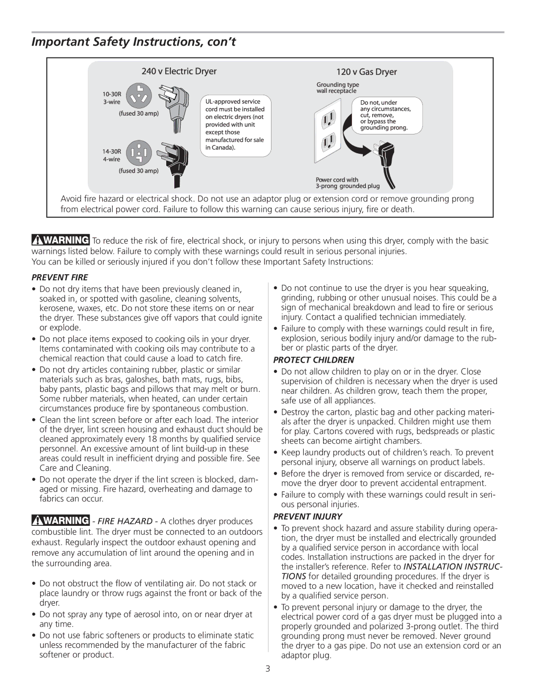 Frigidaire 137196900A manual Important Safety Instructions, con’t, Prevent Fire, Protect Children, Prevent Injury 