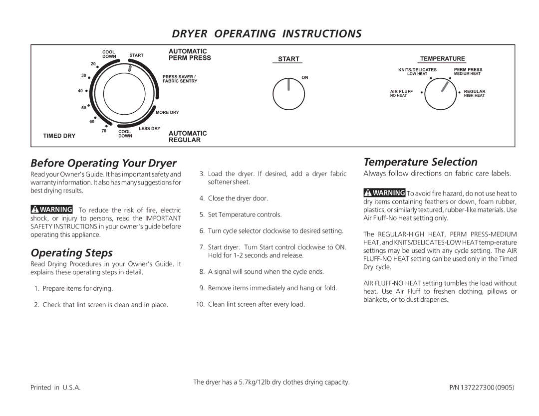 Frigidaire 137227300 operating instructions Dryer Operating Instructions, Before Operating Your Dryer, Operating Steps 