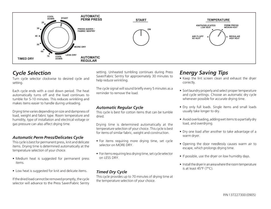 Frigidaire 137227300 Cycle Selection, Energy Saving Tips, Automatic Perm Press/Delicates Cycle, Automatic Regular Cycle 