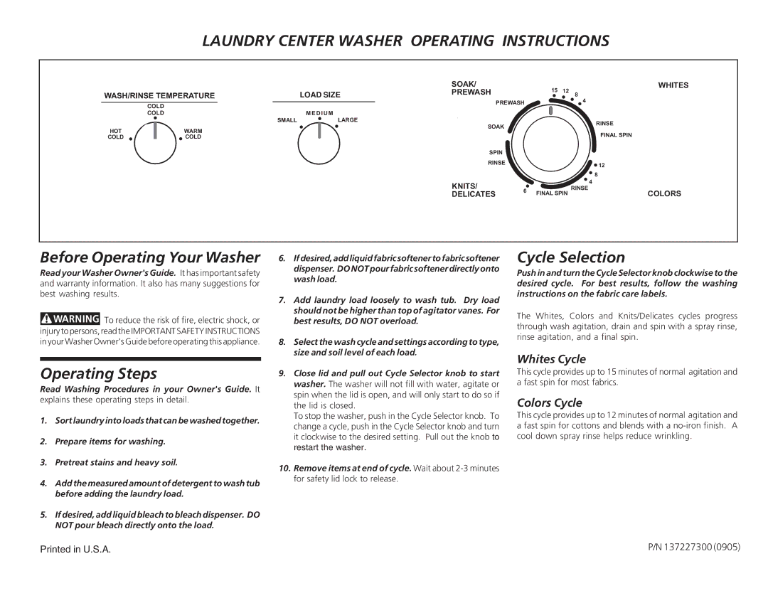 Frigidaire 137227300 Laundry Center Washer Operating Instructions, Before Operating Your Washer, Whites Cycle 