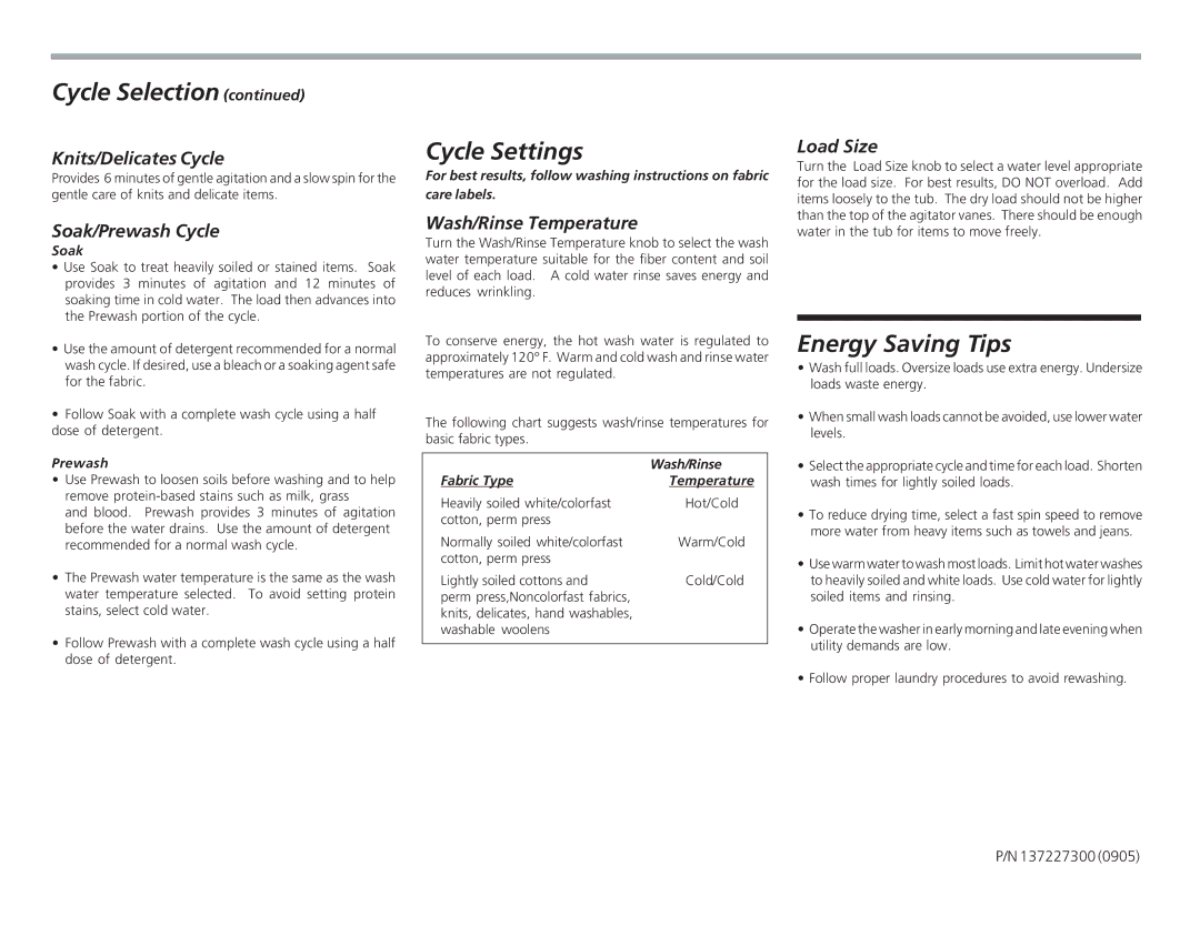 Frigidaire 137227300 Cycle Settings, Knits/Delicates Cycle, Soak/Prewash Cycle, Wash/Rinse Temperature, Load Size 