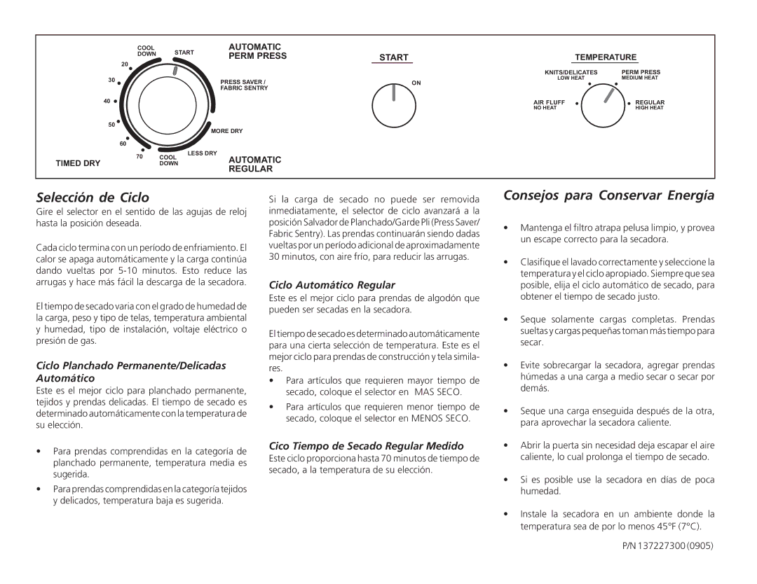 Frigidaire 137227300 operating instructions Selección de Ciclo 