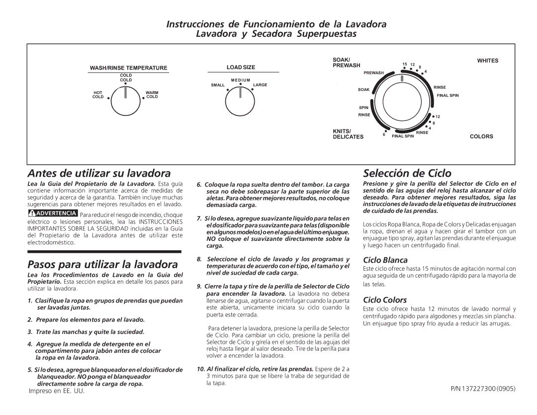 Frigidaire 137227300 Antes de utilizar su lavadora, Pasos para utilizar la lavadora, Selección de Ciclo, Ciclo Blanca 