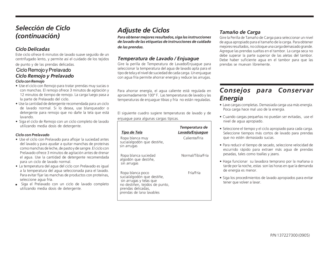 Frigidaire 137227300 operating instructions Adjuste de Ciclos, Consejos para Conservar Energía 