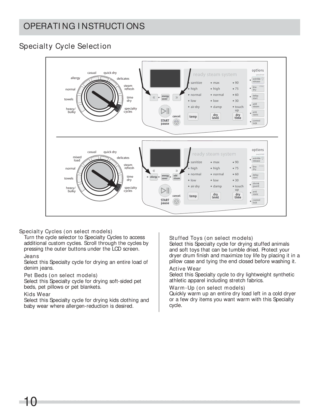 Frigidaire 137339000A important safety instructions Specialty Cycle Selection 