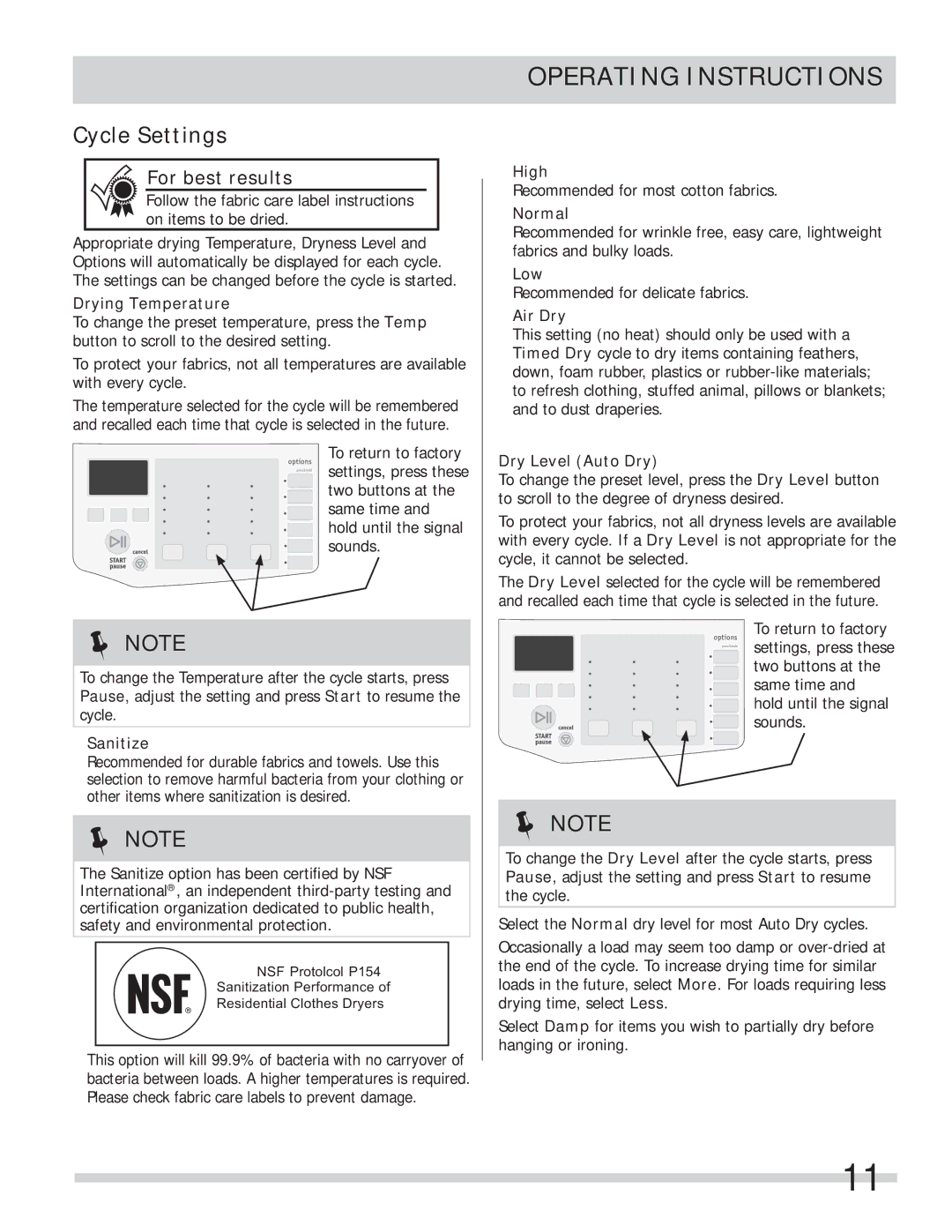 Frigidaire 137339000A important safety instructions Cycle Settings 