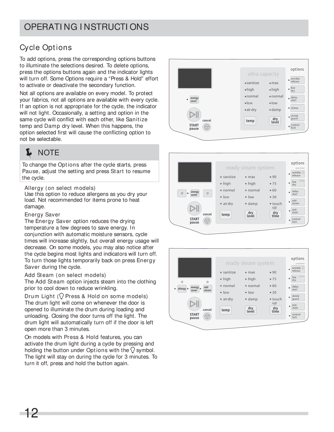 Frigidaire 137339000A important safety instructions Cycle Options, Energy Saver, Add Steam on select models 