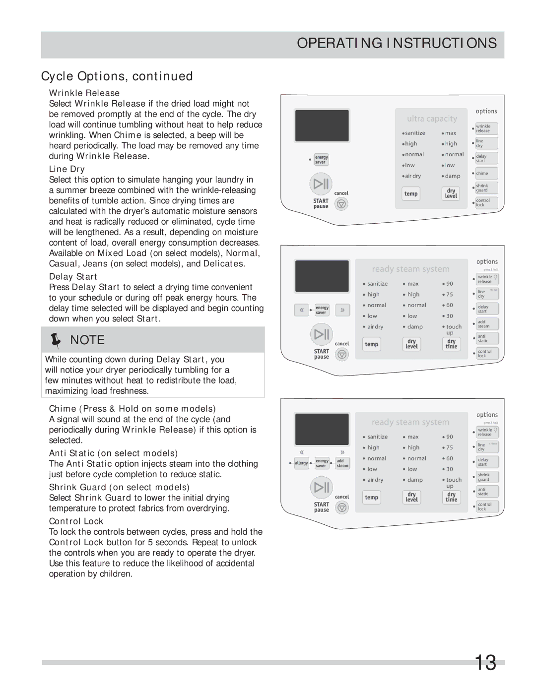 Frigidaire 137339000A Wrinkle Release, Line Dry, Delay Start, Chime Press & Hold on some models, Control Lock 