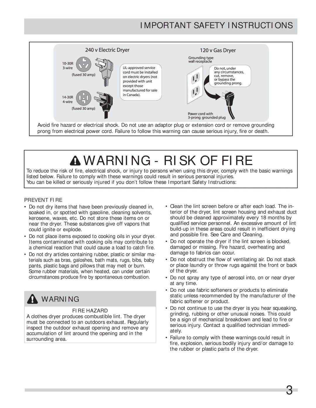 Frigidaire 137339000A important safety instructions Electric Dryer 