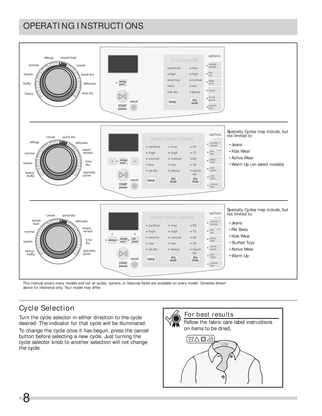 Frigidaire 137339000A important safety instructions Cycle Selection, Ultra capacity 