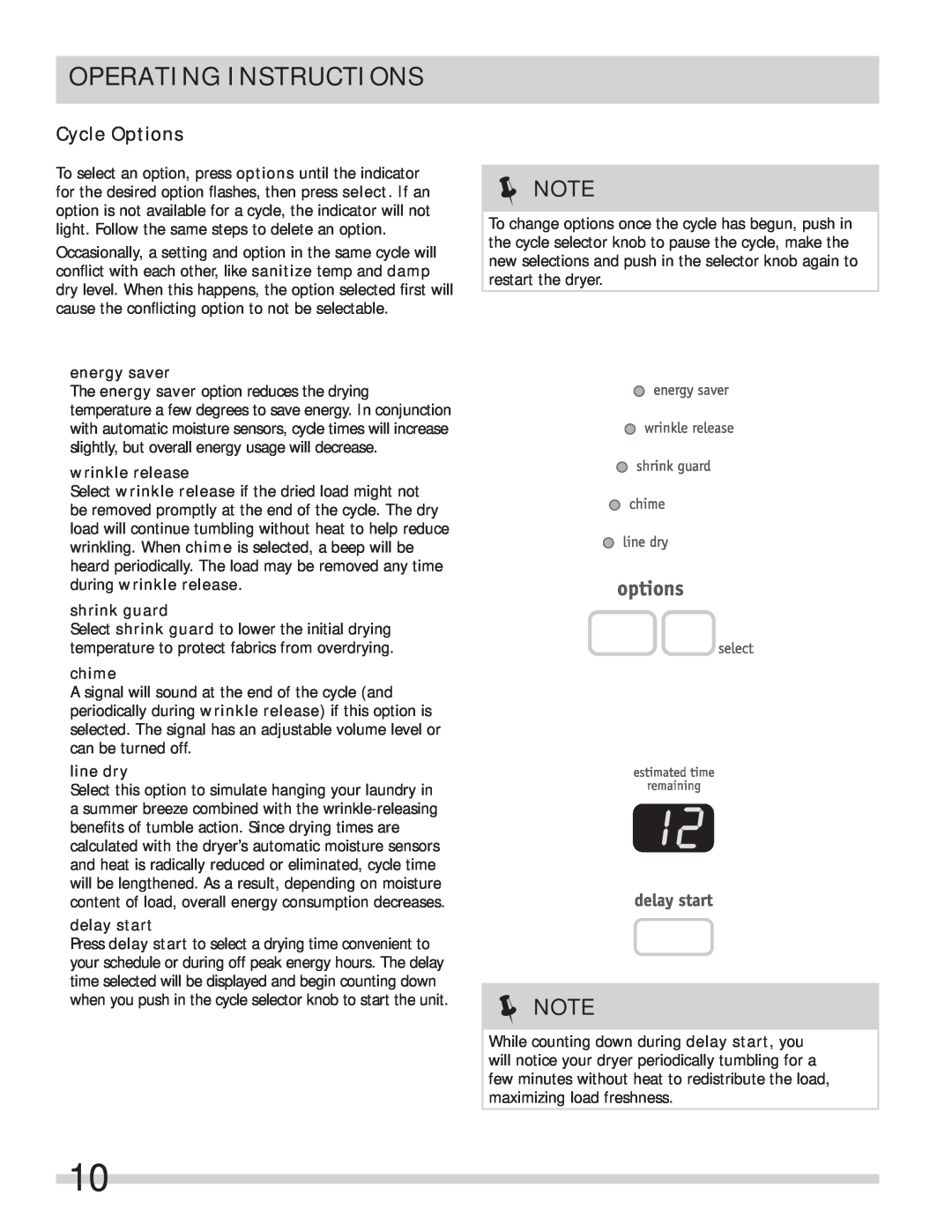 Frigidaire 137409900A(1111) Cycle Options, Operating Instructions, energy saver, wrinkle release, shrink guard, chime 