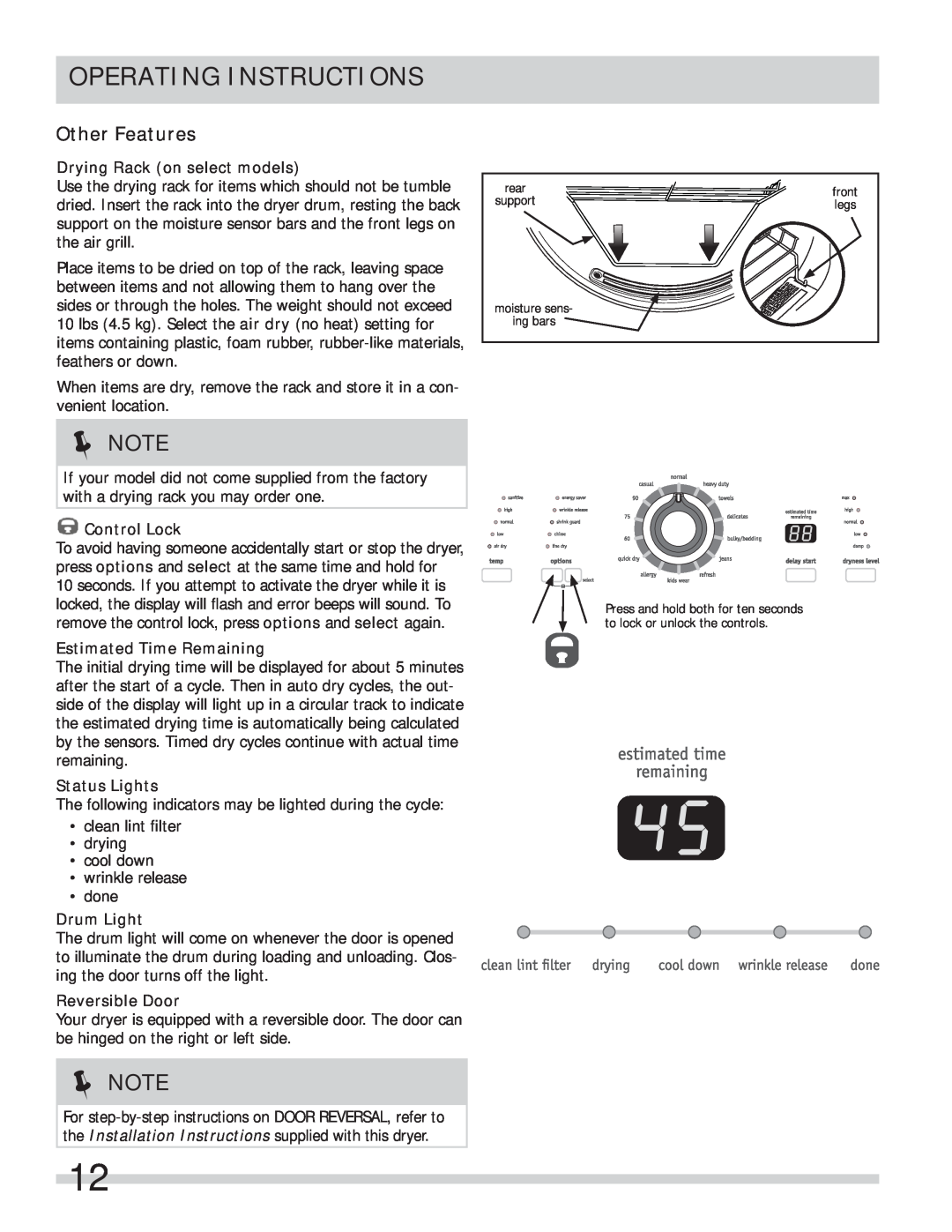 Frigidaire 137409900A(1111) Other Features, Operating Instructions, Drying Rack on select models, Control Lock, Drum Light 