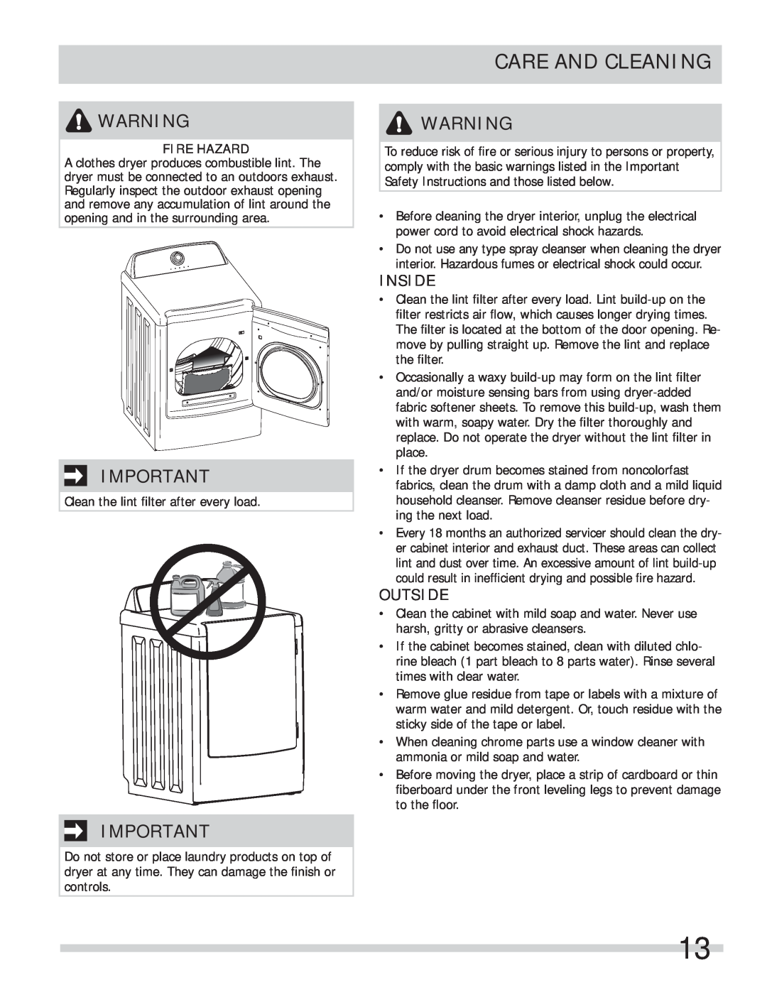 Frigidaire 137409900A(1111) important safety instructions Care And Cleaning, Inside, Outside, Fire Hazard 