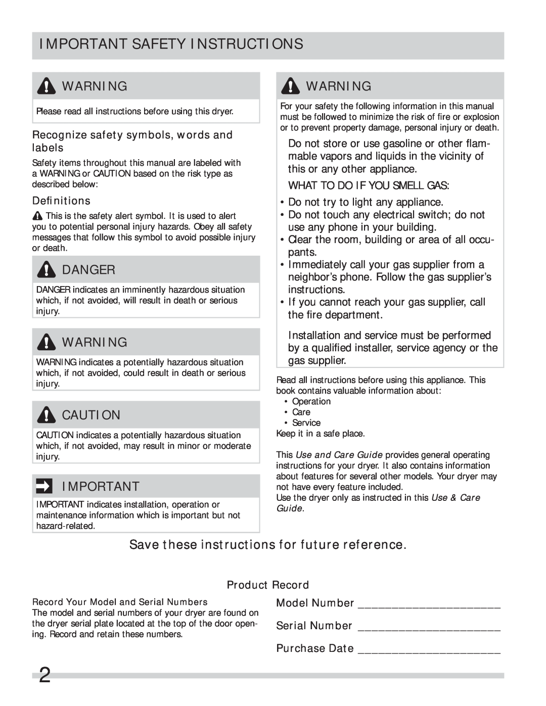 Frigidaire 137409900A(1111) Important Safety Instructions, Recognize safety symbols, words and labels, Deﬁnitions, Danger 
