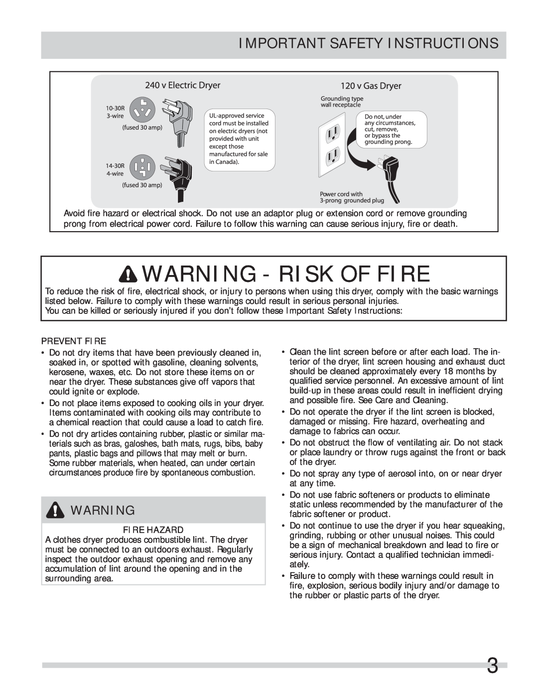 Frigidaire 137409900A(1111) Warning - Risk Of Fire, Important Safety Instructions, v Electric Dryer, Prevent Fire 