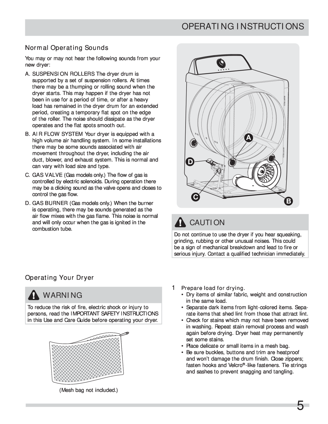 Frigidaire 137409900A(1111) Operating Instructions, Normal Operating Sounds, Operating Your Dryer, A D C B 