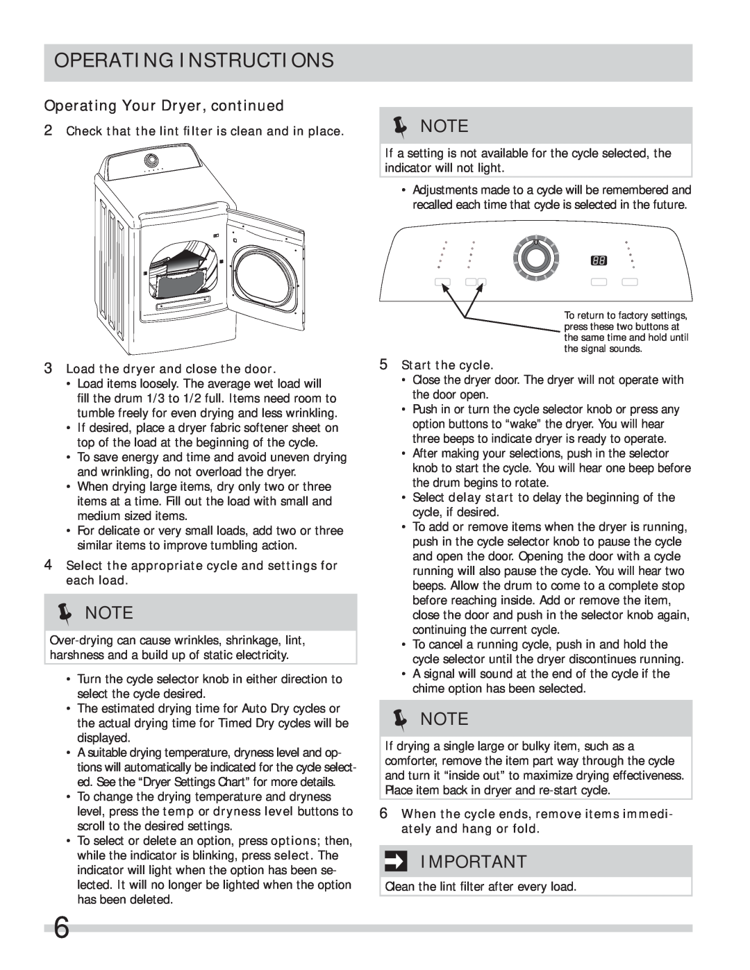 Frigidaire 137409900A(1111) Operating Your Dryer, continued, Operating Instructions, Load the dryer and close the door 