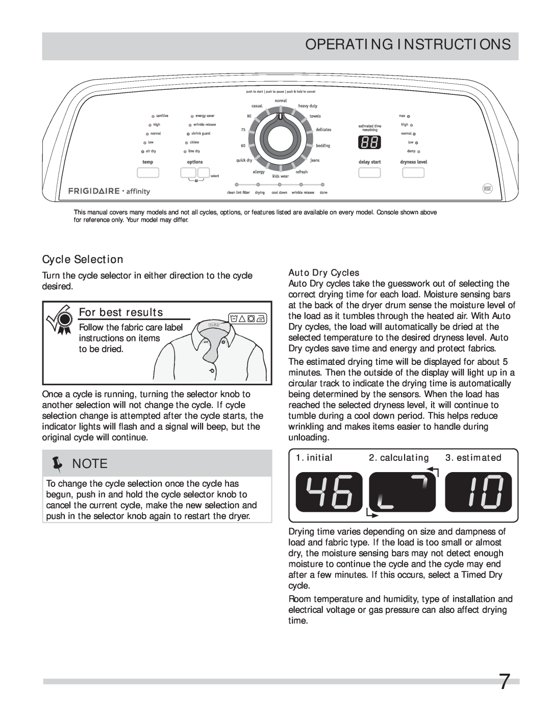 Frigidaire 137409900A(1111) Cycle Selection, For best results, Operating Instructions, Auto Dry Cycles, initial, estimated 