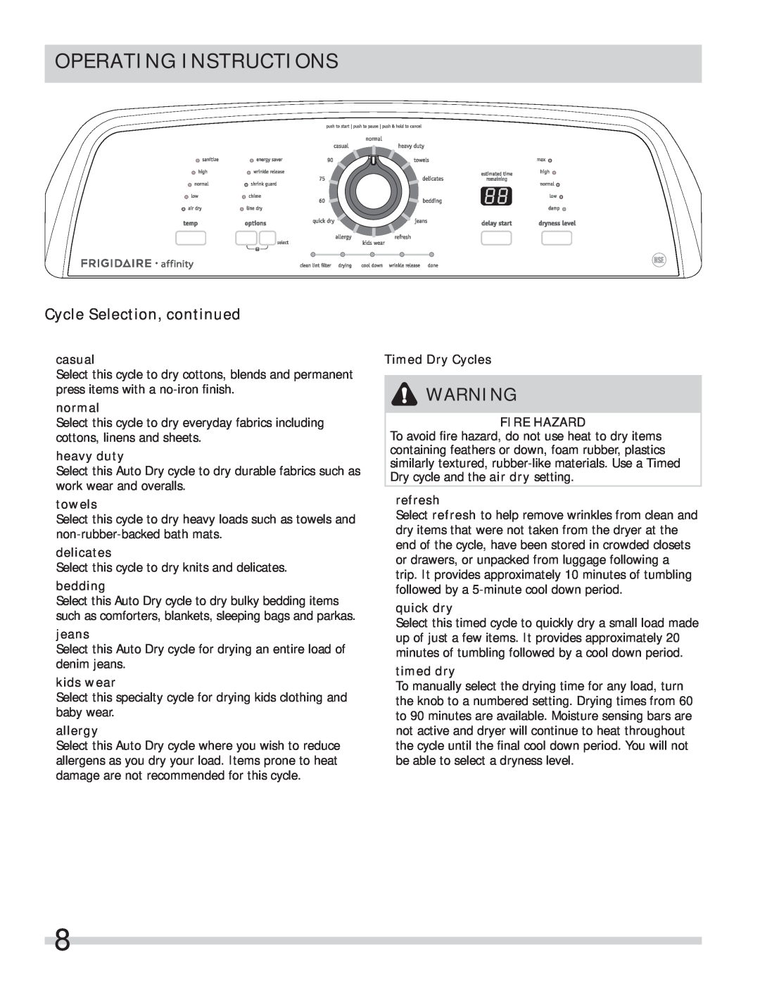 Frigidaire 137409900A(1111) Cycle Selection, continued, Operating Instructions, casual, normal, heavy duty, towels, jeans 