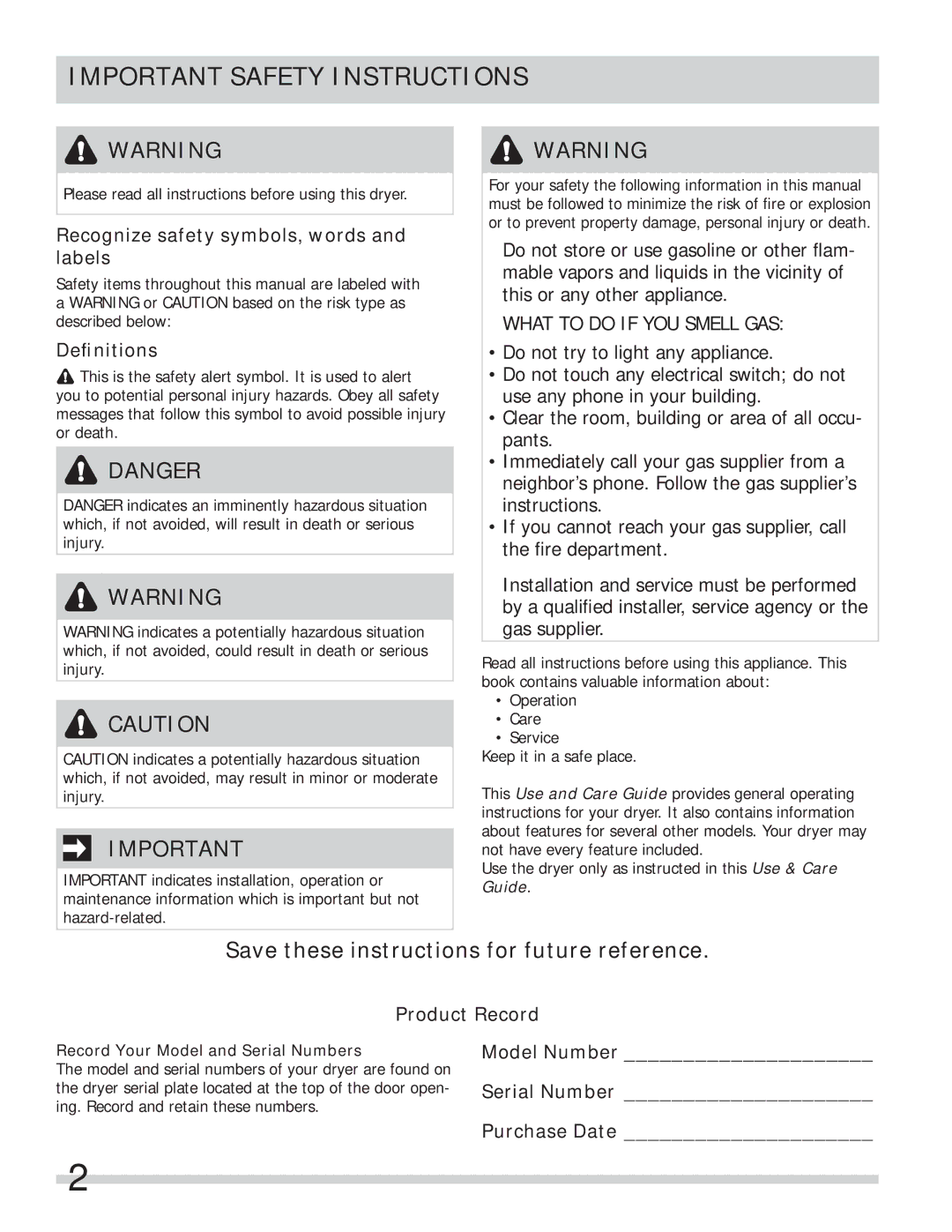 Frigidaire 137508500A(1112) Important Safety Instructions, Recognize safety symbols, words and labels, Deﬁnitions 