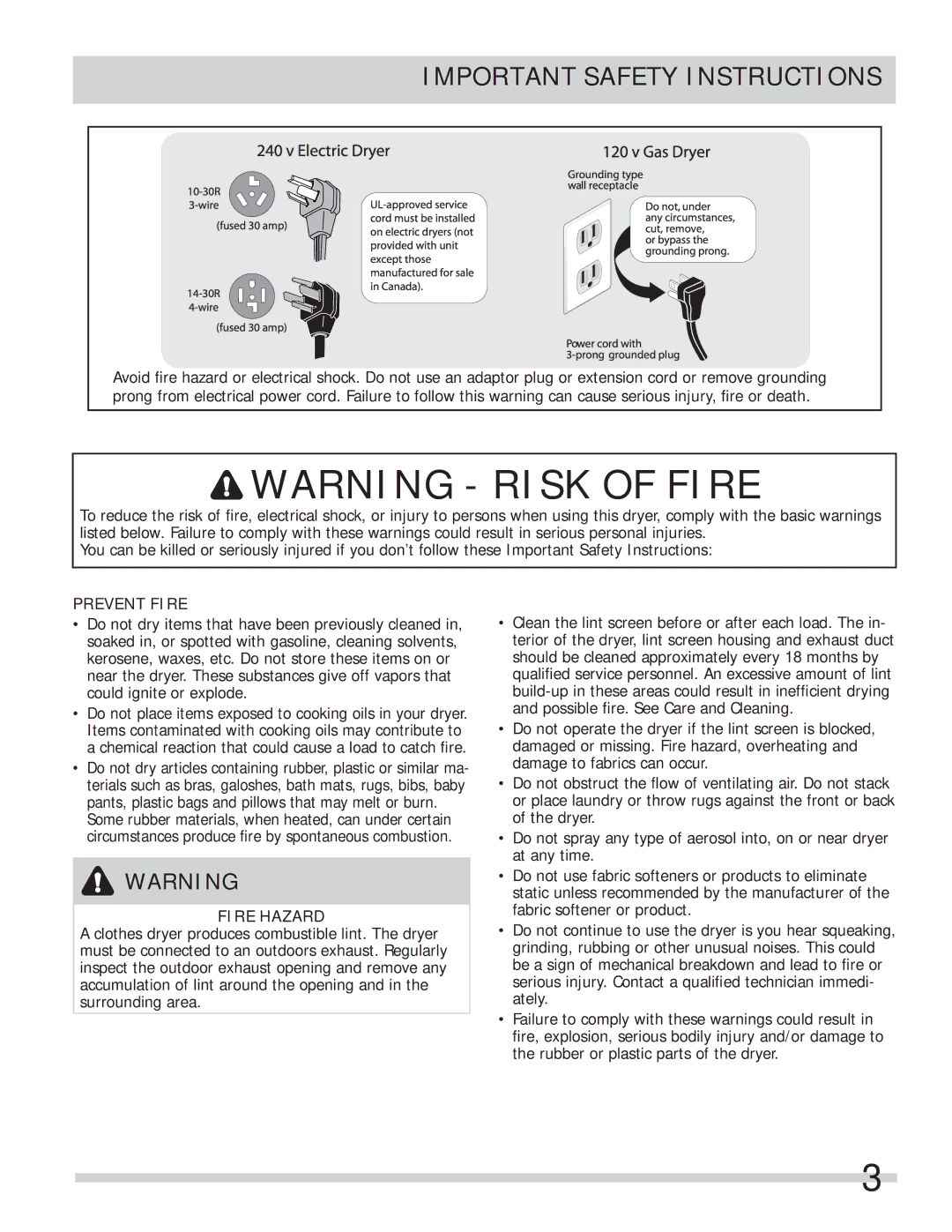 Frigidaire 137508500A(1112) important safety instructions Electric Dryer 