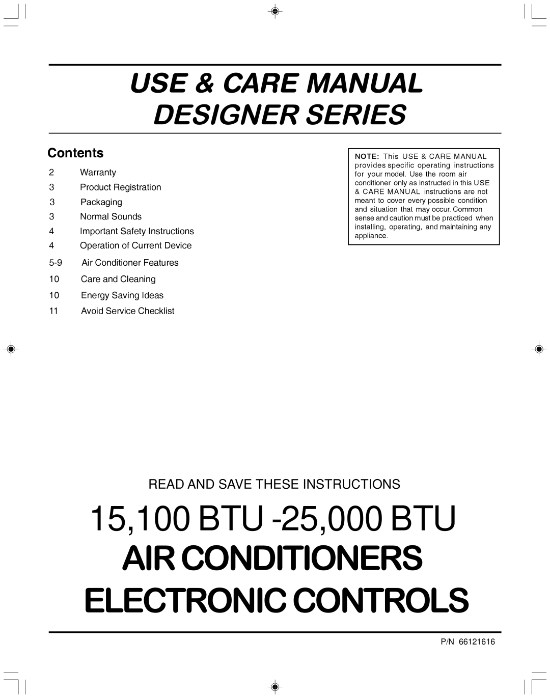 Frigidaire 000BTU, 15, 100BTU-25 operating instructions Designer Series, Contents 