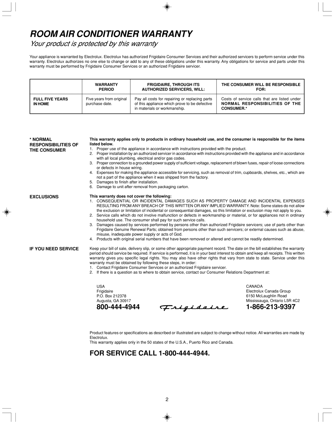 Frigidaire 100BTU-25, 15, 000BTU operating instructions Room AIR Conditioner Warranty 