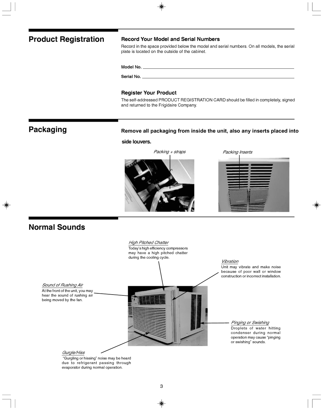 Frigidaire 15, 000BTU Product Registration, Normal Sounds, Record Your Model and Serial Numbers, Register Your Product 