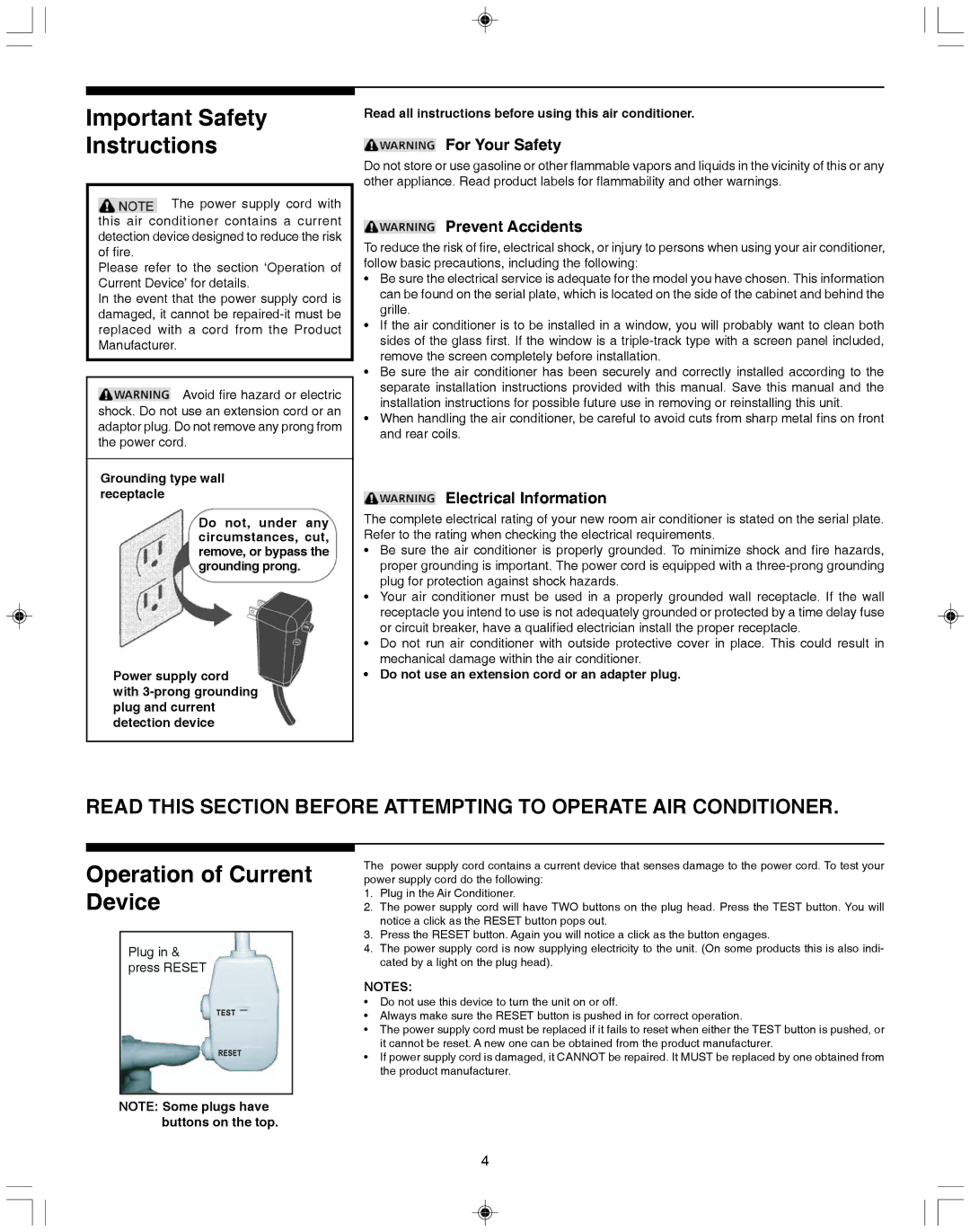 Frigidaire 000BTU, 15 Important Safety Instructions, Operation of Current Device, For Your Safety, Prevent Accidents 