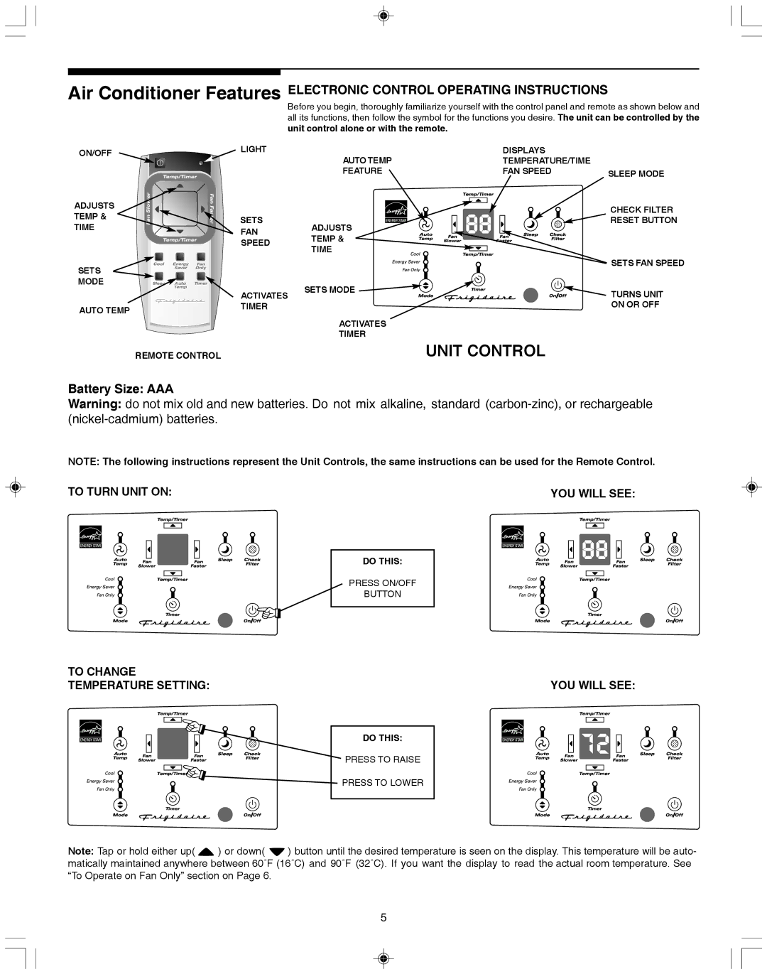 Frigidaire 100BTU-25, 15, 000BTU operating instructions Unit Control, Battery Size AAA 