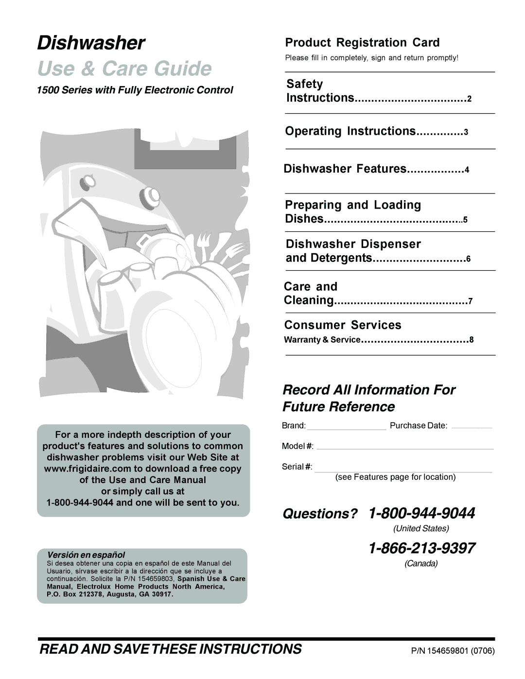 Frigidaire 1500 Series warranty Product Registration Card, Safety, Preparing and Loading Dishes Dishwasher Dispenser, Care 