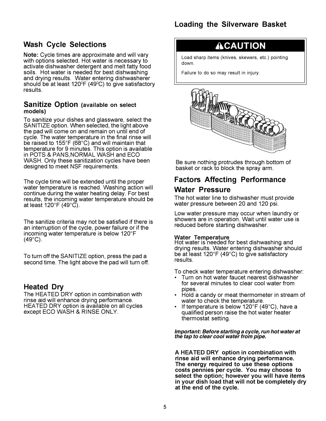 Frigidaire 1500 Series warranty Wash Cycle Selections, Heated Dry, Loading the Silverware Basket 