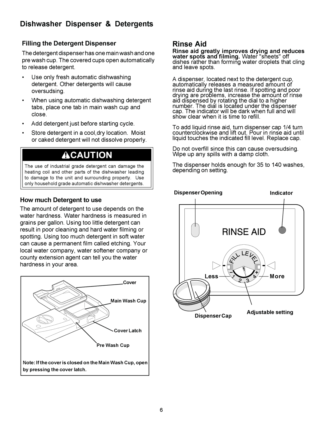 Frigidaire 1500 Series warranty Dishwasher Dispenser & Detergents, Rinse Aid, Filling the Detergent Dispenser, Less More 