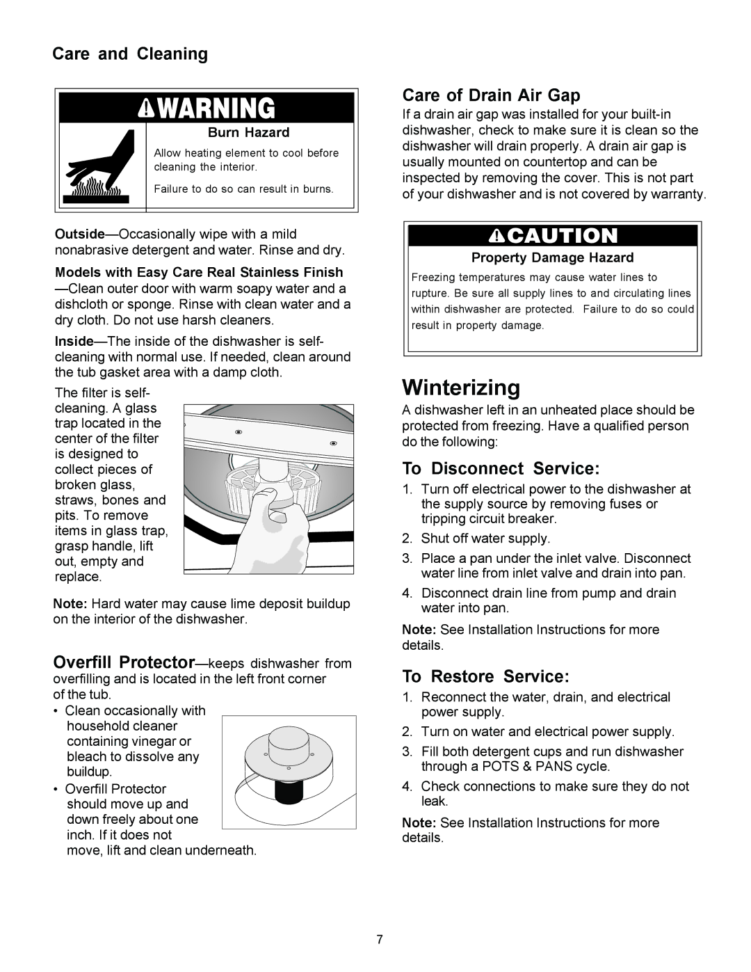 Frigidaire 1500 Series warranty Care and Cleaning, Care of Drain Air Gap, To Disconnect Service, To Restore Service 