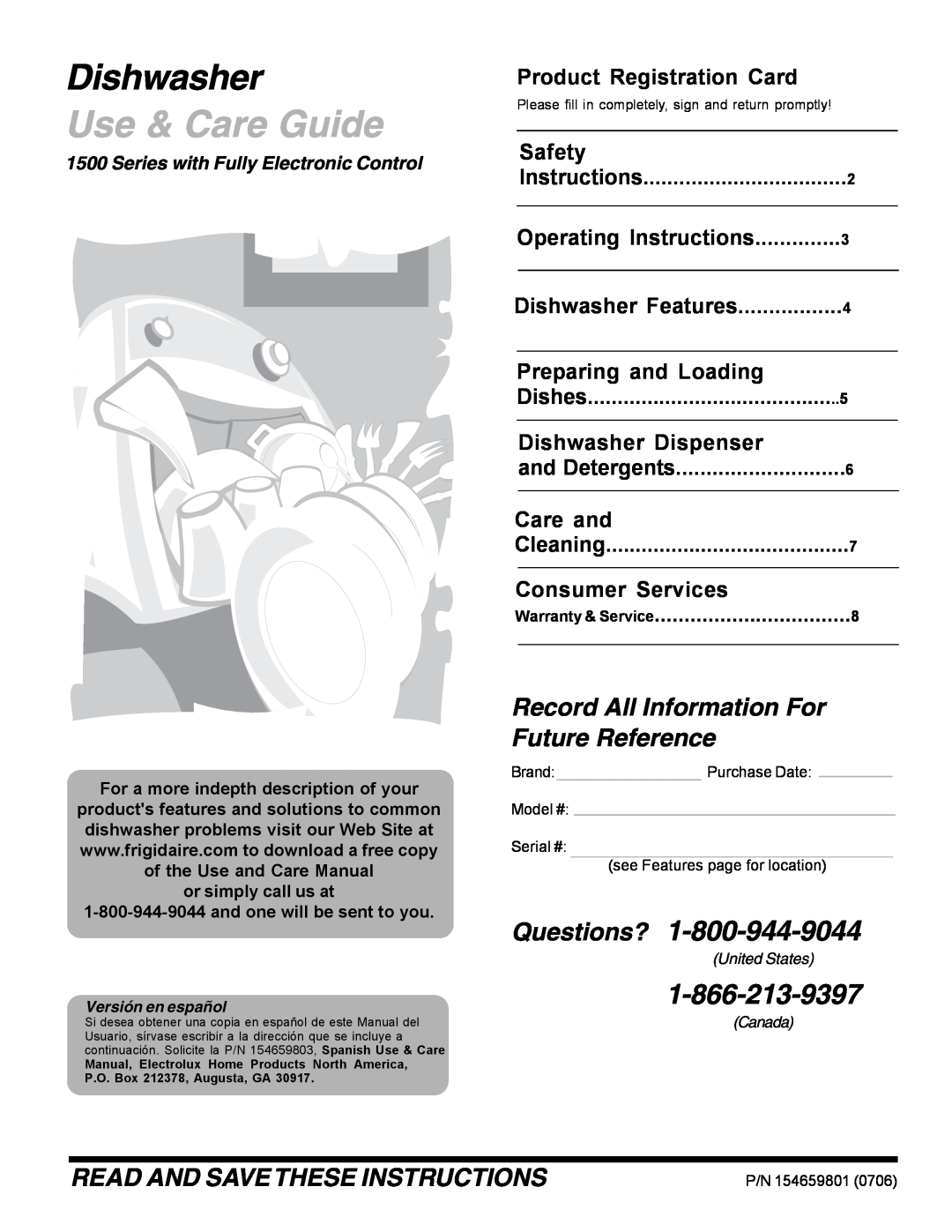 Frigidaire 1500 Series warranty Product Registration Card, Safety, Preparing and Loading, Dishes, Dishwasher Dispenser 