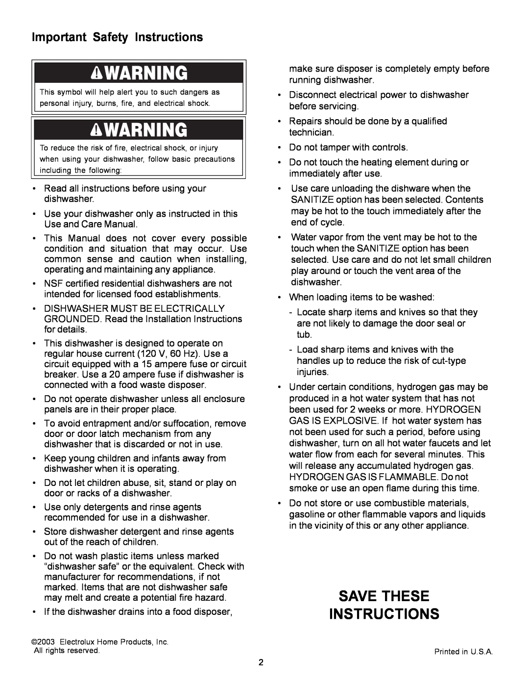 Frigidaire 1500 Series warranty Important Safety Instructions, Save These Instructions 