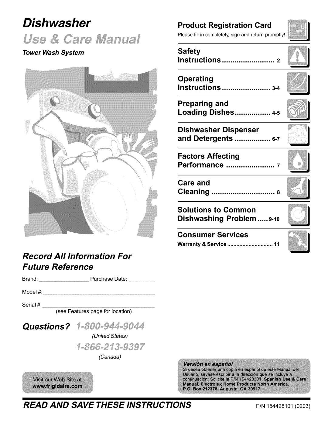 Frigidaire 154428101 warranty Product Registration Card, Safety Instructions Operating Preparing Loading 