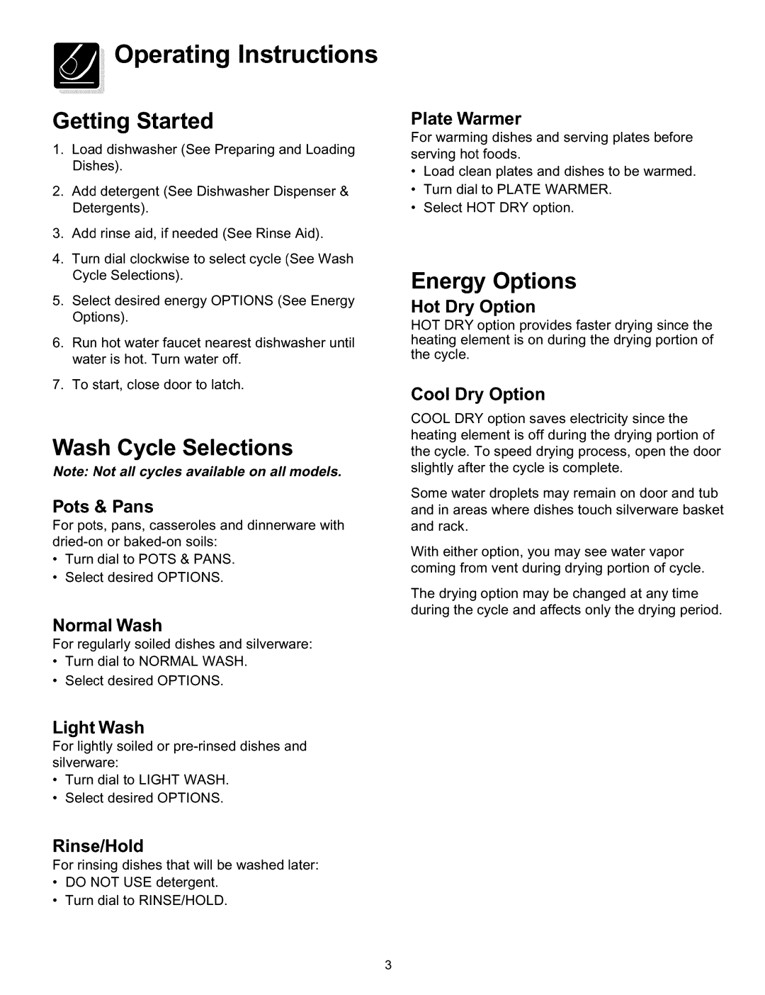 Frigidaire 154428101 warranty Operating Instructions, Getting Started, Wash Cycle Selections 