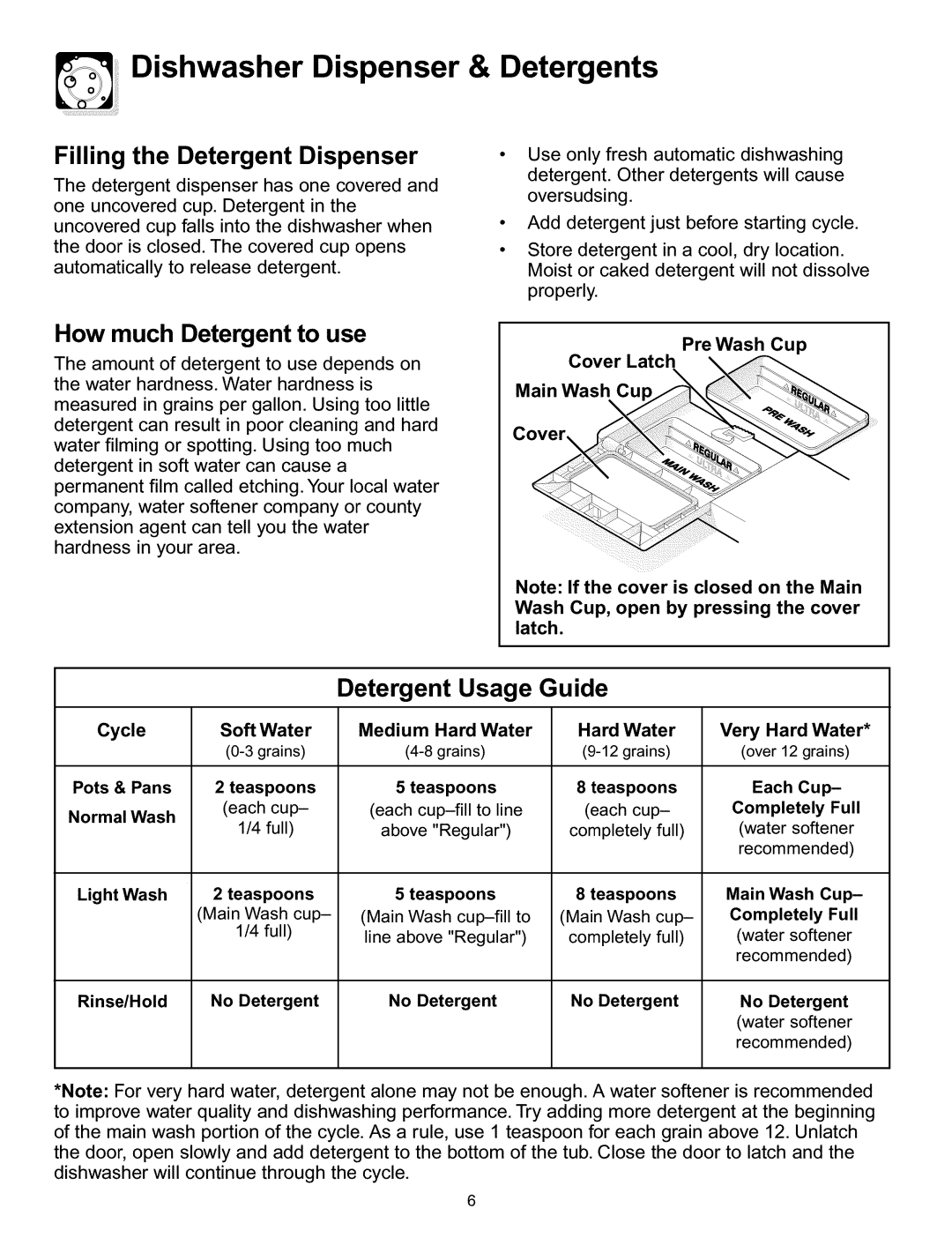 Frigidaire 154428101 warranty Dishwasher Dispenser & Detergents, Filling the Detergent Dispenser 