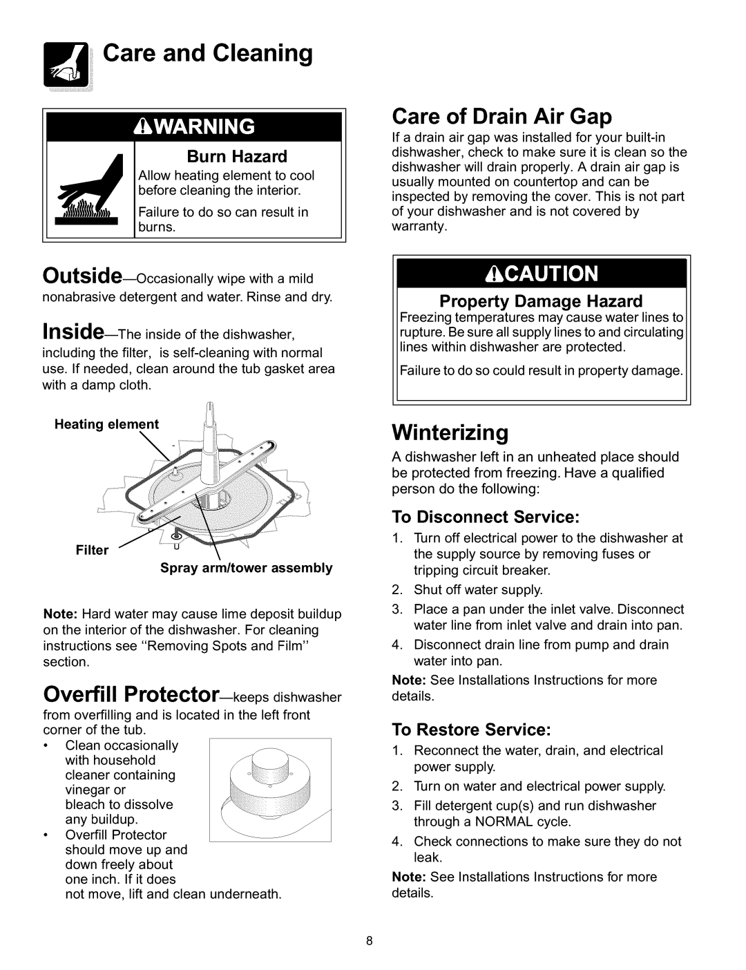 Frigidaire 154428101 Care and Cleaning, Care of Drain Air Gap, Burn Hazard, Property Damage Hazard, To Restore Service 