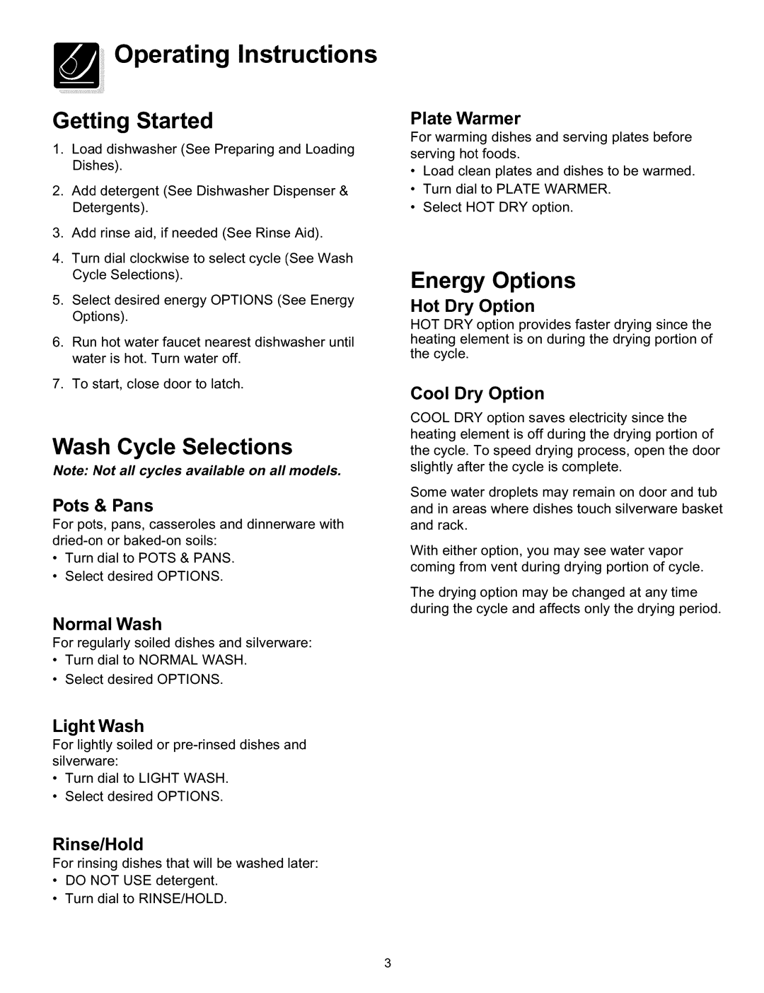 Frigidaire 154428101 warranty Operating Instructions, Energy Options, Getting Started, Wash Cycle Selections 