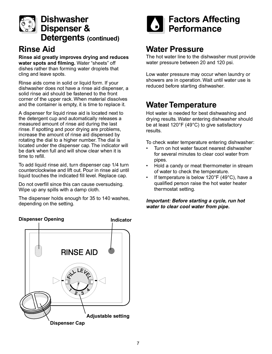 Frigidaire 154428101 Dishwasher Dispenser & Detergents continued, Factors Affecting Performance Water Pressure, Rinse Aid 