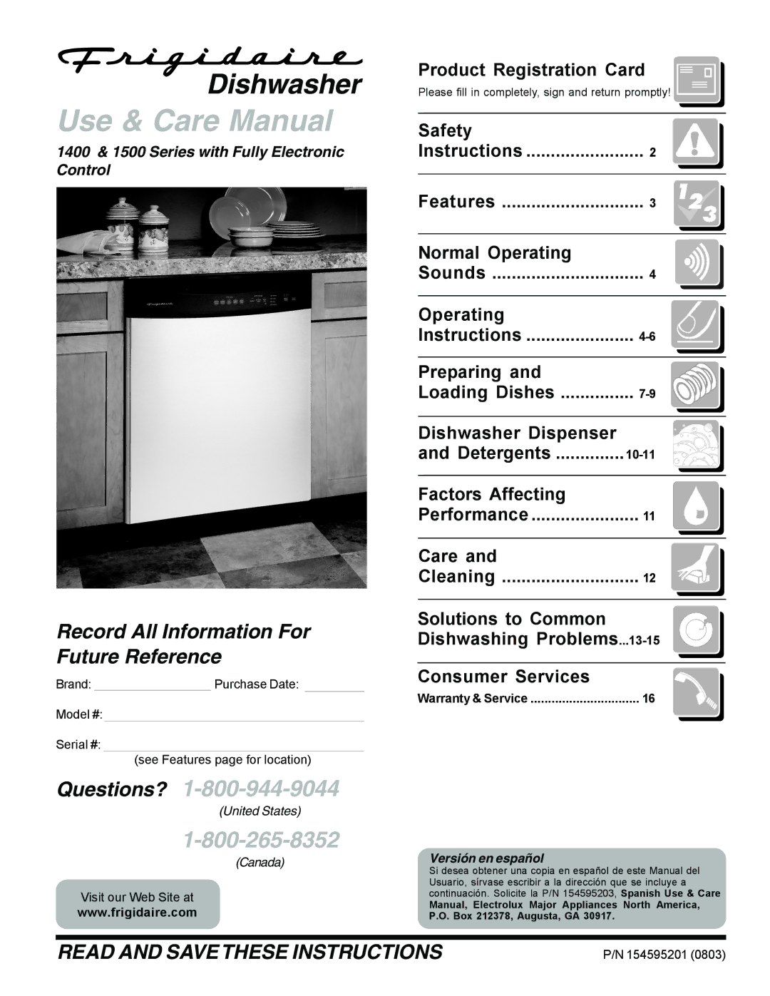 Frigidaire 1400 manual Product Registration Card, Safety, Normal Operating, Preparing, Dishwasher Dispenser Detergents 