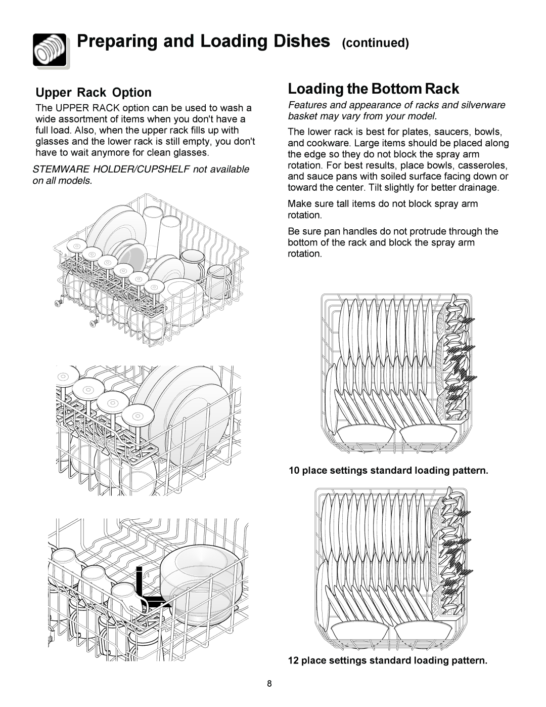 Frigidaire 154595201, 1400 manual Loading the Bottom Rack, Upper Rack Option 