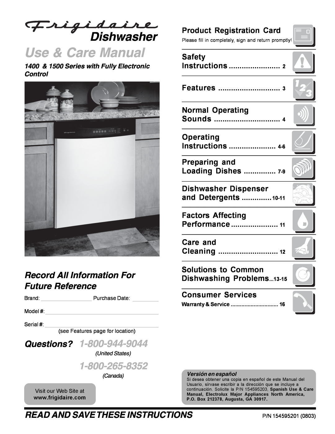 Frigidaire 1400 manual Product Registration Card, Safety, Normal Operating, Preparing and, Dishwasher Dispenser, Care and 
