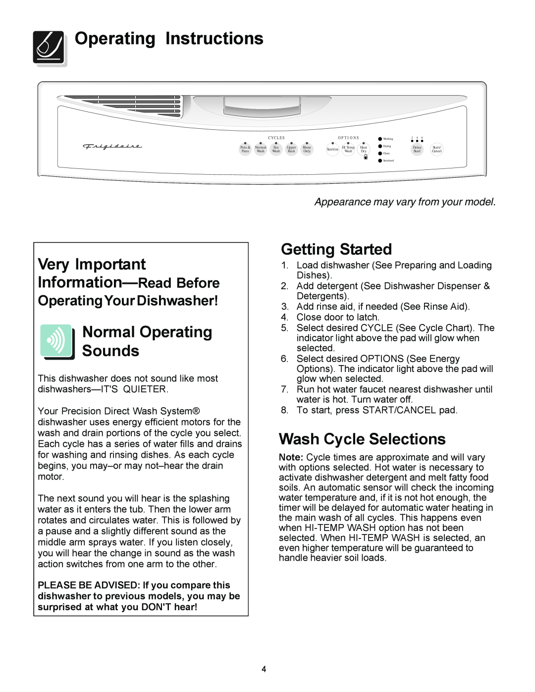 Frigidaire 154595201, 1400 manual Operating Instructions, Very Important Information-Read Before, Normal Operating Sounds 