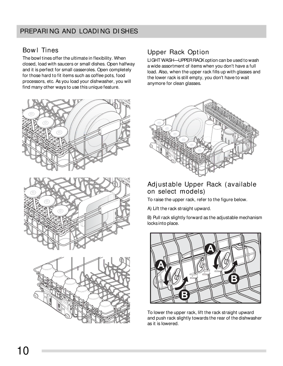 Frigidaire 154768501 manual Bowl Tines, Upper Rack Option, Adjustable Upper Rack available on select models 